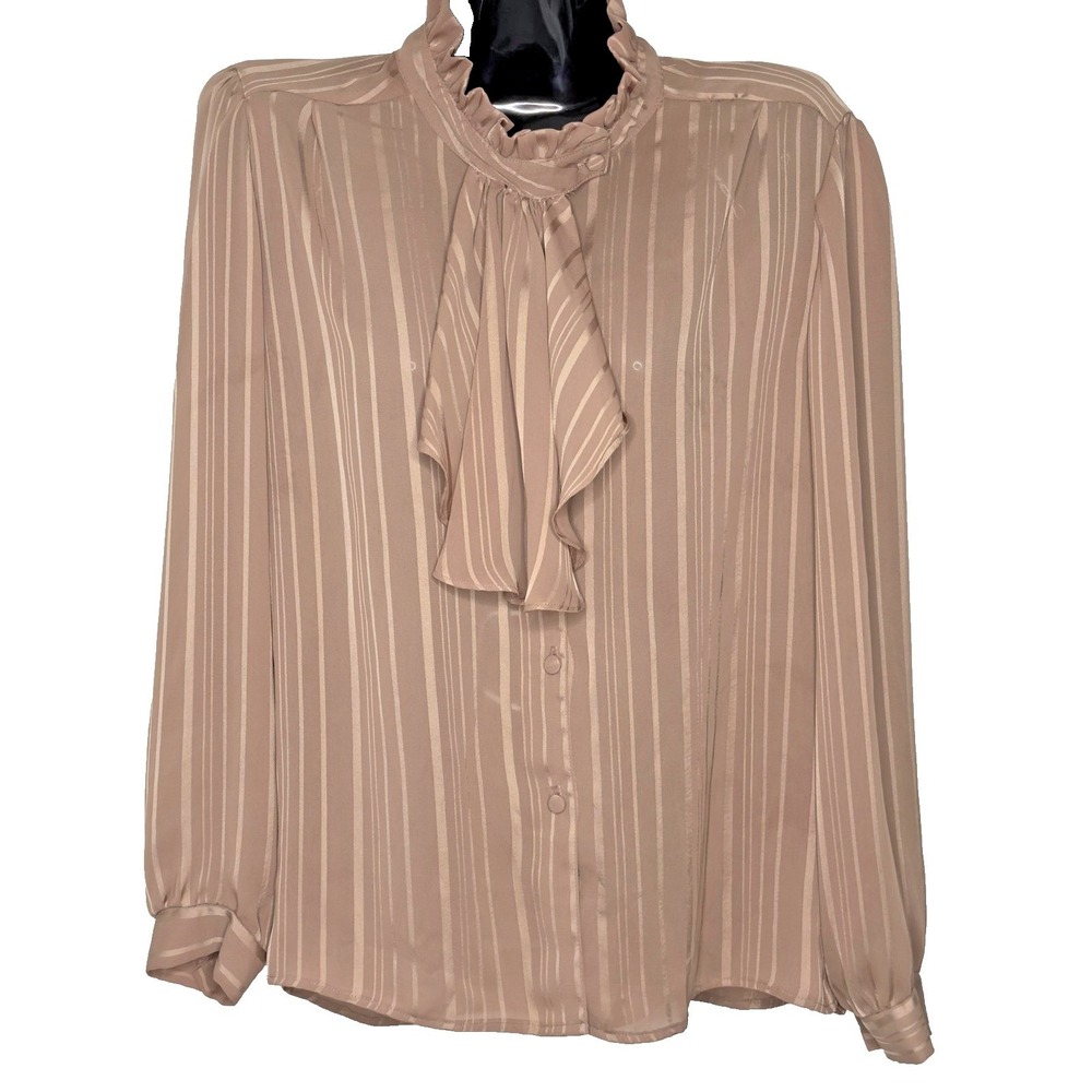 JKII Blouse Womens 14 Brown Taupe Stripe Ruffle Neck Tie Sheer Long Sleeve Shirt